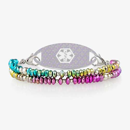Medical ID bracelet with blocks of multicolored beads and silver with lavender medical ID tag