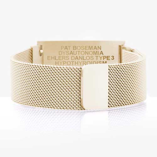 Back of sandstone gold medical ID bracelet with mesh band and magnetic clasp