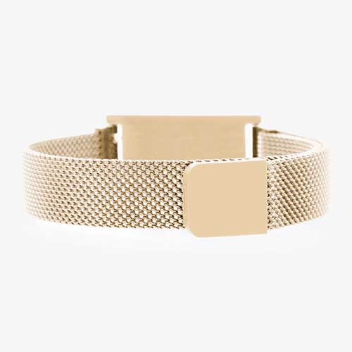 Back of brushed sandstone stainless waterproof Urban Medical Alert bracelet with mesh chain, slip-through magnetic closure, ID tag.