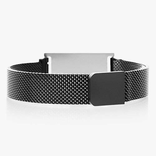 Back of stainless black magnetic bracelet showing black mesh chain and the slip-through magnetic closure
