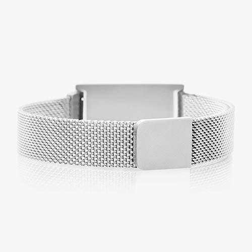 Back of stainless steel magnetic bracelet showing silver mesh chain and the slip-through magnetic closure