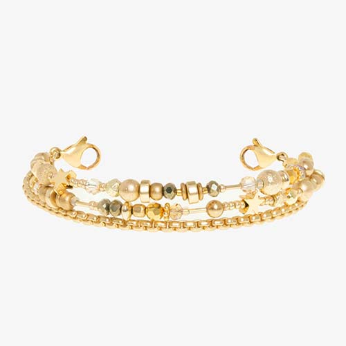 Medical alert bracelet with two gold tone beaded strands and one gold tone box chain strand with gold tone stainless steel lobster clasps.