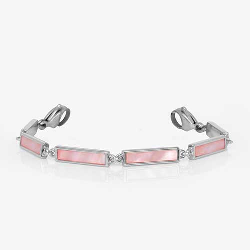 Silver tone bar link bracelet with pink mother of pearl inlay finished with stainless steel lobster clasps at each end of the bracelet.