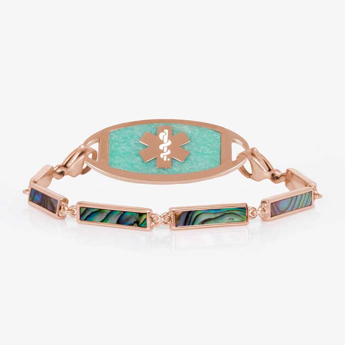 Rose gold tone bar link bracelet with natural abalone inlay shown with rose gold tone med ID tag with Amazonite inlay and rose gold medical symbol.