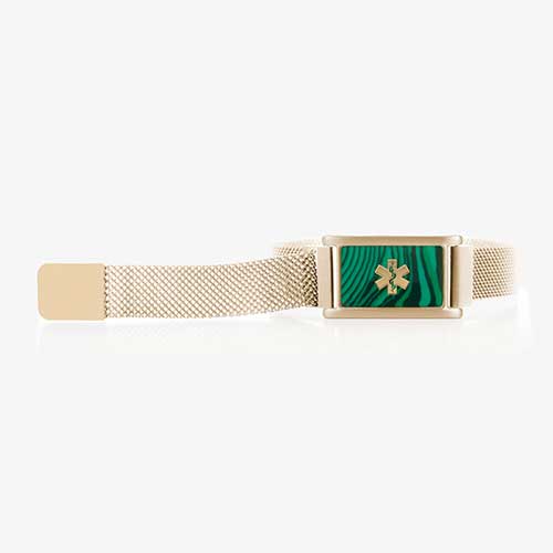 Front of medical ID bracelet with malachite inlay tag and sandstone mesh band