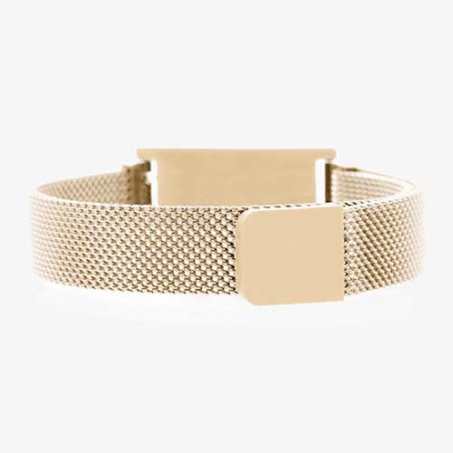 The back side of the brushed sandstone stainless steel mesh band with malachite ID tag.