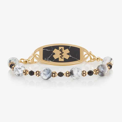 Dendritic opal, black crystal, and gold beaded medical ID bracelet paired with gold tone stainless steel medical ID tage inlaid with black marble.