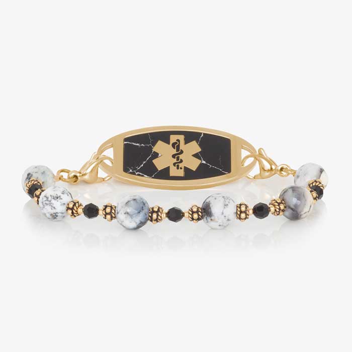 Dendritic opal, black crystal, and gold beaded medical ID bracelet paired with gold tone stainless steel medical ID tage inlaid with black marble.