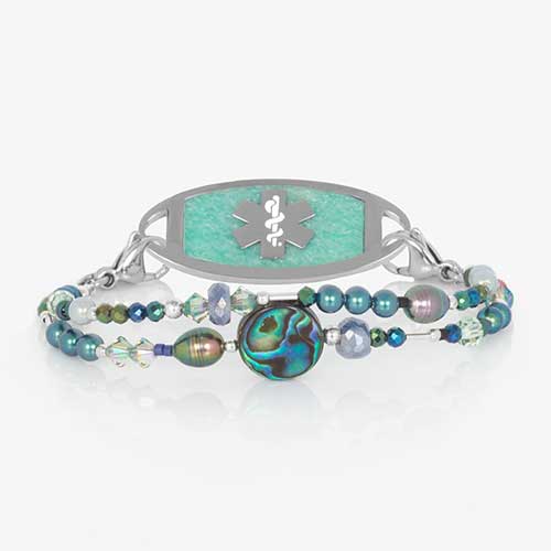 Abalone, blue, and silver multi-stranded beaded medical ID bracelet paired with stainless steel medical ID tag with Amazonite inlay.