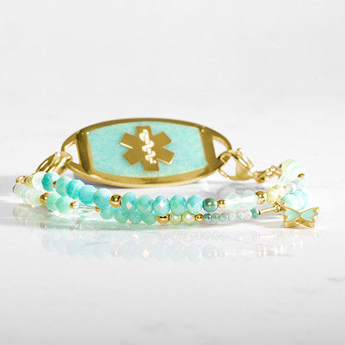 Mint green beaded medical ID alert bracelet with gold and mint enamel butterfly charm