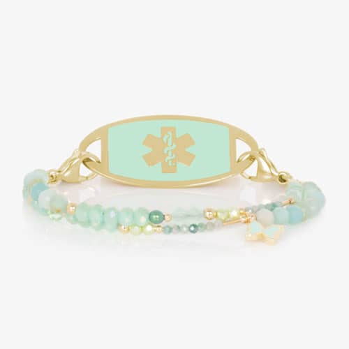 	Beaded mint green and gold medical ID bracelet for women with butterfly charm