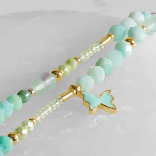 Gold and Mint butterfly charm on two strand beaded medical ID bracelet.