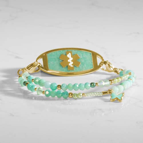 Mint green beaded medical ID alert bracelet with gold and mint enamel butterfly charm