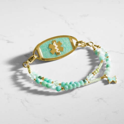 Mint green beaded medical ID alert bracelet with gold and mint enamel butterfly charm