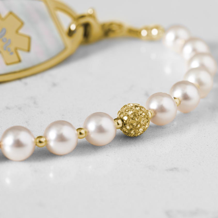 Melody Beaded Stretch Medical Alert Bracelet in Pearl and Gold Lauren