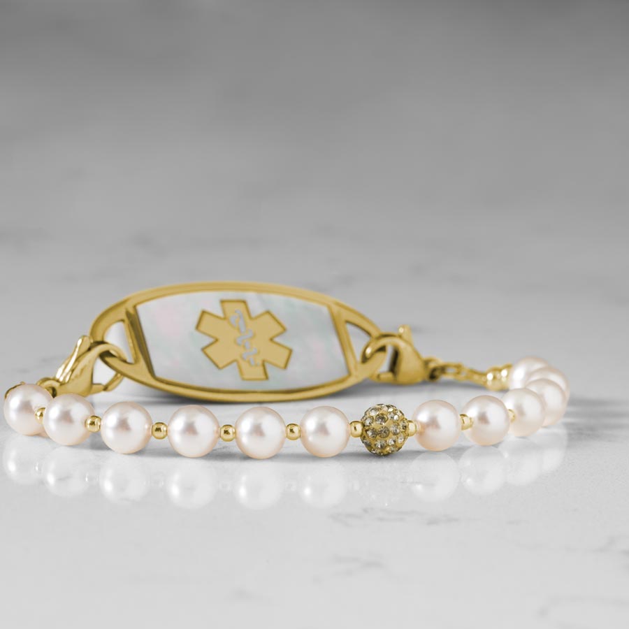 Melody Beaded Stretch Medical Alert Bracelet in Pearl and Gold Lauren