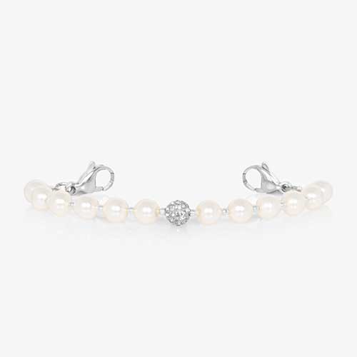 Pearl and sterling silver stretch medical ID bracelet with sparkly silver centerpiece.