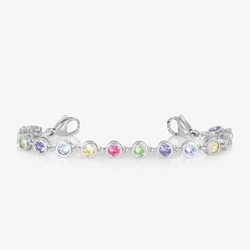 Rhodium and palladium plated women's medical alert bracelet with clear, round, bezel set multi colored crystals finished with stainless steel lobster clasps at each end.