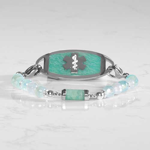Green beaded medical ID bracelet with silver lobster clasps and Amazonite  decorative medical ID tag on white marble