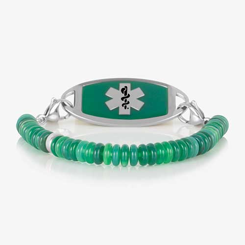 Jade Heishi beaded Bracelet with silver lobster clasps, attached to a silver and emerald decorative medical ID tag with silver caduceus.