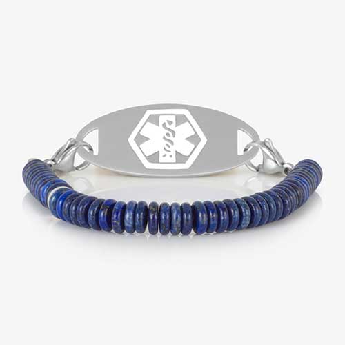 Blue Lapis heshi beaded medical ID bracelet on jewelry elasticwith silver tone lobster clasps and sandblasted silver tone medical ID with white Cadueceus.
