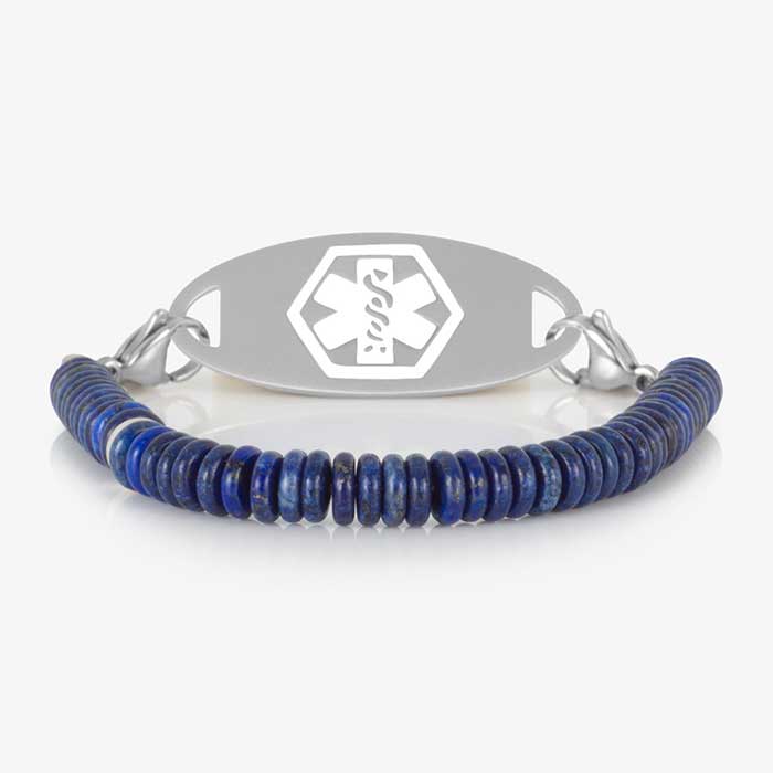 Blue Lapis heshi beaded medical ID bracelet on jewelry elasticwith silver tone lobster clasps and sandblasted silver tone medical ID with white Cadueceus.