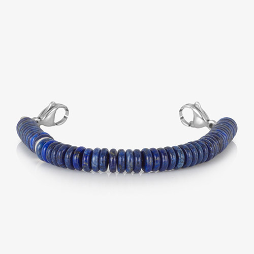 Blue Lapis heshi beaded medical ID bracelet on jewelry elastic with silver tone lobster clasps.