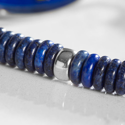Close up of lapis heshi beads