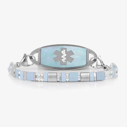 Aqua and silver mother-of-pearl medical ID bracelet with an engraved medical alert symbol, blending style with safety.