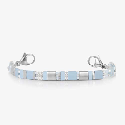 Aqua and silver mother-of-pearl medical ID bracelet without engraving, showcasing stylish design and durable craftsmanship.
