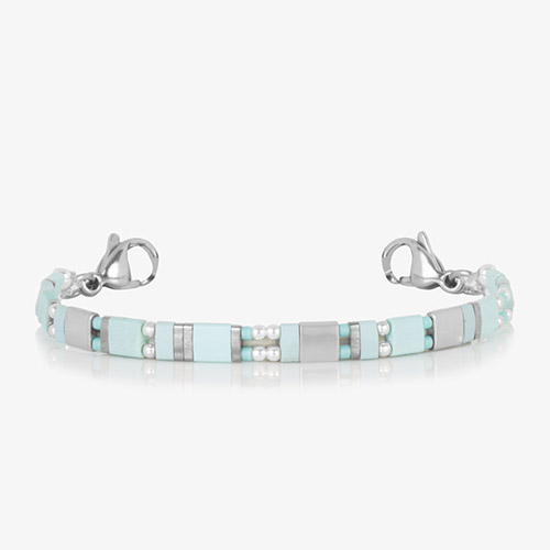 Aqua and silver mother-of-pearl medical ID bracelet without engraving, showcasing stylish design and durable craftsmanship.