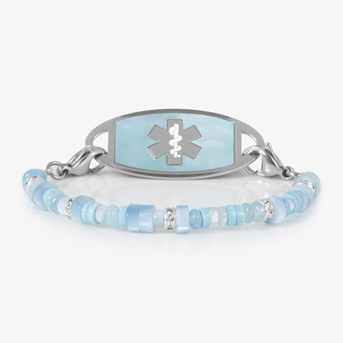 Blue mother-of-pearl and silver medical ID bracelet with a polished metal plate, featuring an engraved medical alert symbol for safety and style.