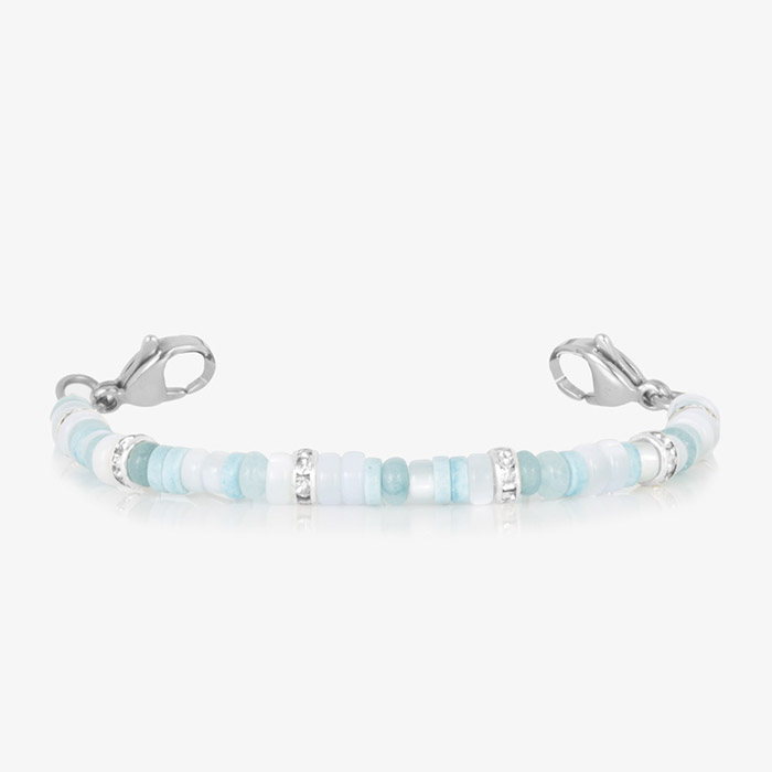 Blue mother-of-pearl and silver medical ID bracelet with a polished metal plate, featuring an engraved medical alert symbol for safety and style.