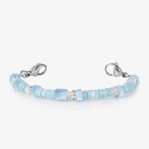 Blue mother-of-pearl and silver medical ID bracelet with a polished metal plate, featuring an engraved medical alert symbol for safety and style.