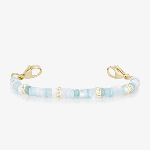 Blue mother-of-pearl and gold medical ID bracelet without engraving, featuring a polished metal plate and sophisticated design.