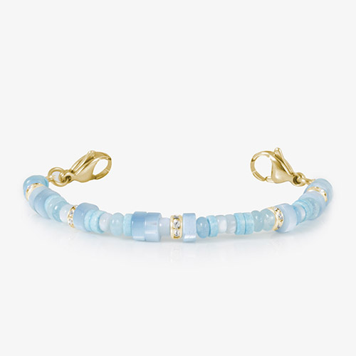 Blue mother-of-pearl and gold medical ID bracelet without engraving, featuring a polished metal plate and sophisticated design.