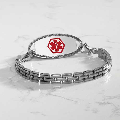 Silver tone, stainless steel Gate Link Chain bracelet attached to a decorative, stainless steel medical ID tag with red medical alert symbol.