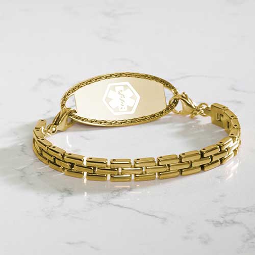 Gold tone, stainless steel Gate Link Chain bracelet attached to a decorative, gold tone, stainless steel medical ID tag with white medical alert symbol.