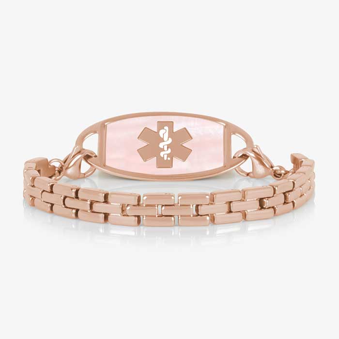 Rose gold tone, stainless steel Gate Link Chain bracelet attached to a decorative, rose gold tone, stainless steel medical ID tag with pink Mother of Pearl inlay
