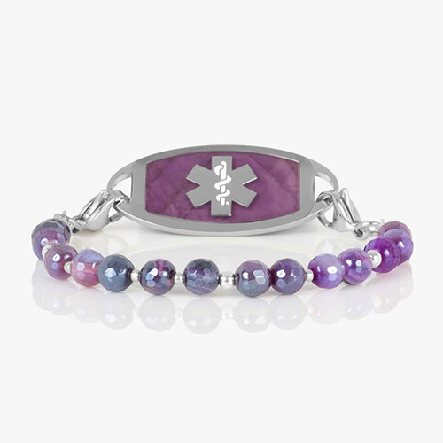 Medical ID bracelet featuring faceted purple agate and silver filled beads, attached to a silver tone medical ID tag with inlaid amethyst.