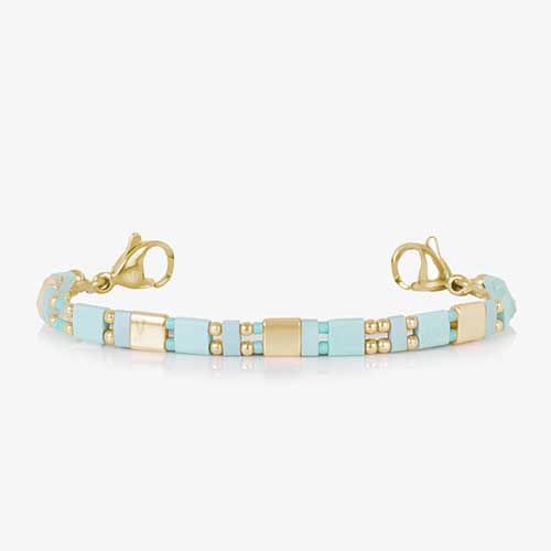 Aqua and gold mother-of-pearl medical ID bracelet without engraving, showcasing the intricate inlay and stylish metal design.