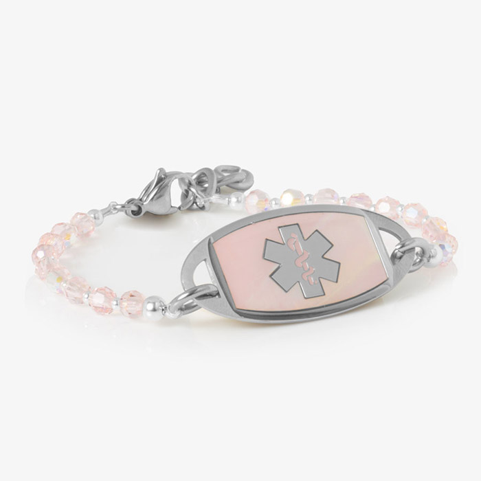 Silver medical ID bracelet with pale pink faceted beads on SmartStretch stranding, designed for easy wear.