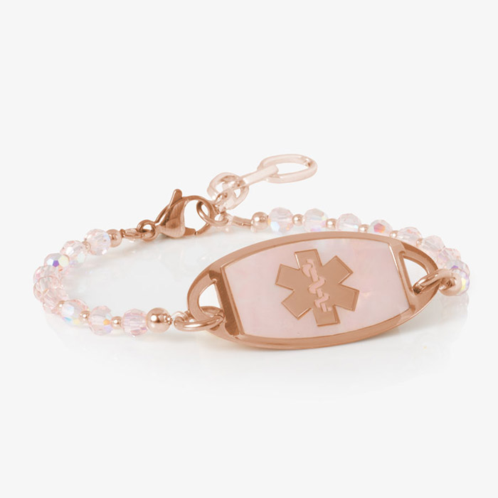 Rose gold medical ID bracelet with pink faceted beads and SmartStretch stranding for comfortable everyday wear.