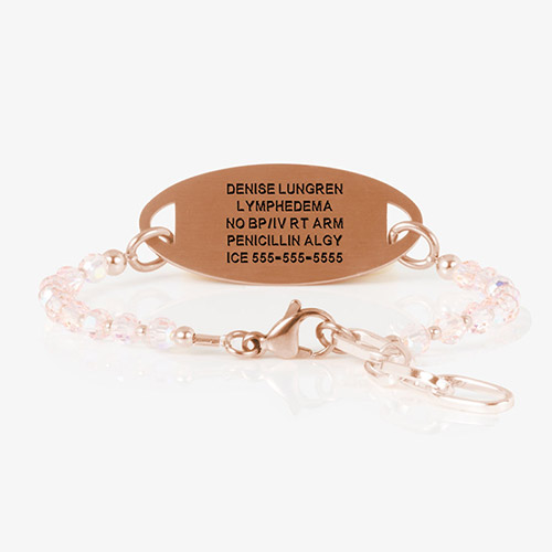 Engraved rose gold medical ID tag paired with blush faceted beads and rose gold findings.