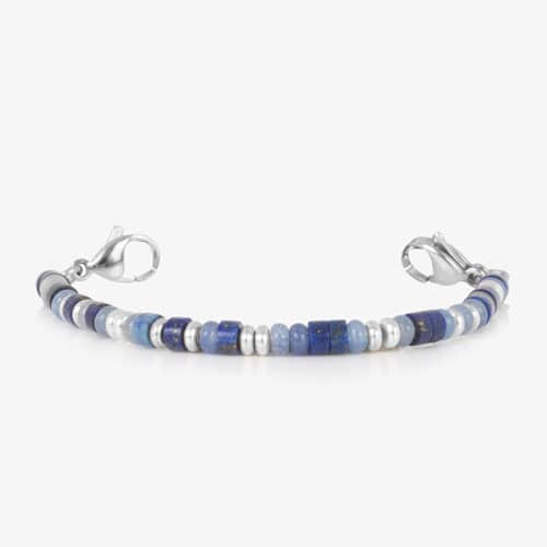 Blue and silver beaded medical ID bracelet on jewelry elastic with stainless steel lobster clasps on each end.