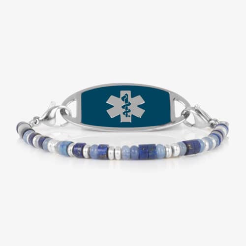 Blue and silver beaded medical ID bracelet on jewelry elastic with stainless steel lobster clasps and sapphire blue decorative med ID tag.