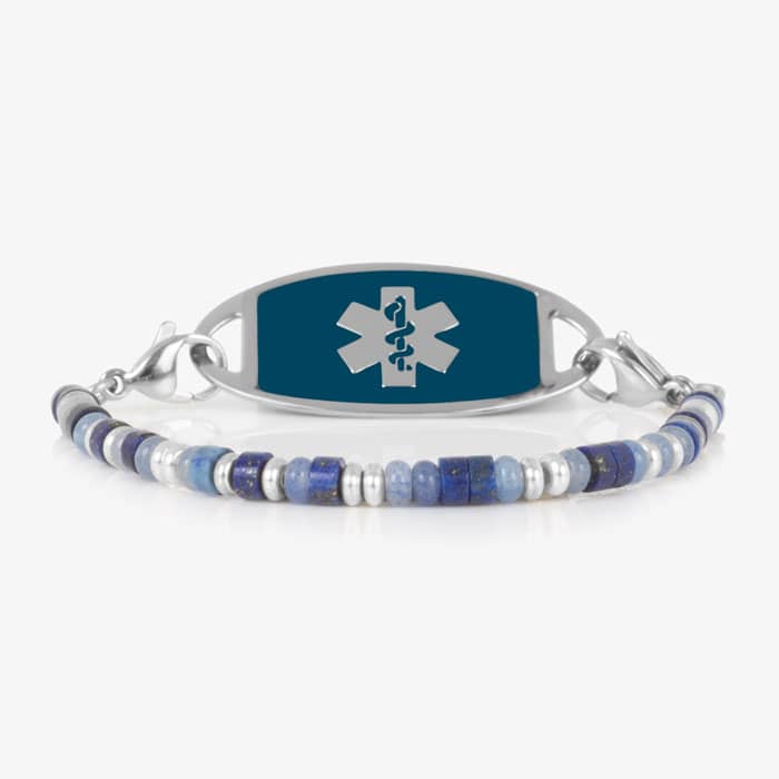Blue and silver beaded medical ID bracelet on jewelry elastic with stainless steel lobster clasps and sapphire blue decorative med ID tag.