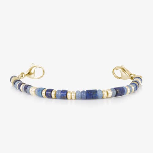 Blue and gold beaded medical ID bracelet on jewelry elastic with gold plated stainless steel lobster clasps on each end.