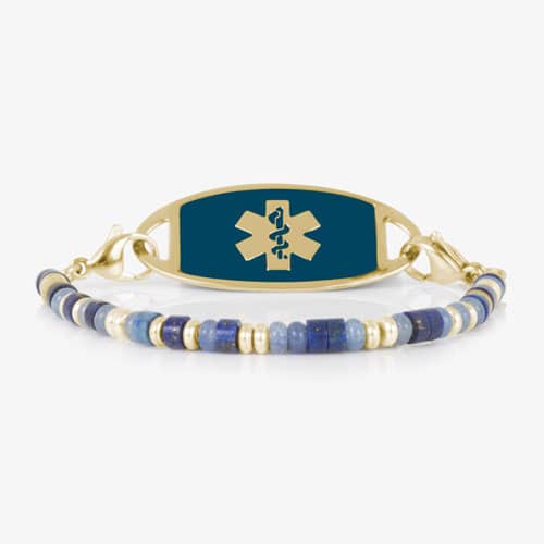 Blue and Gold beaded medical ID bracelet on jewelry elastic with gold plated stainless steel lobster clasps and sapphire blue decorative med ID tag.