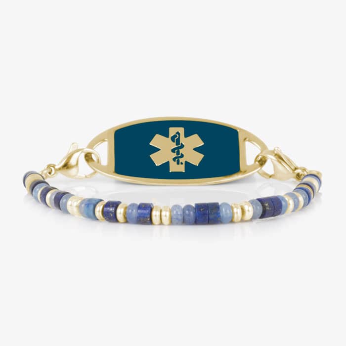 Blue and Gold beaded medical ID bracelet on jewelry elastic with gold plated stainless steel lobster clasps and sapphire blue decorative med ID tag.